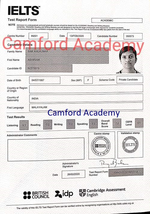 Best IELTS Kerala - Abhirami scores 7.5 in her IELTS Acdemic module. Camford IELTS Kerala.